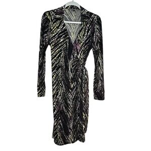 Lily Abstract Zebra Wrap Dress Long Sleeve Tie Waist Small Black Yellow Purple